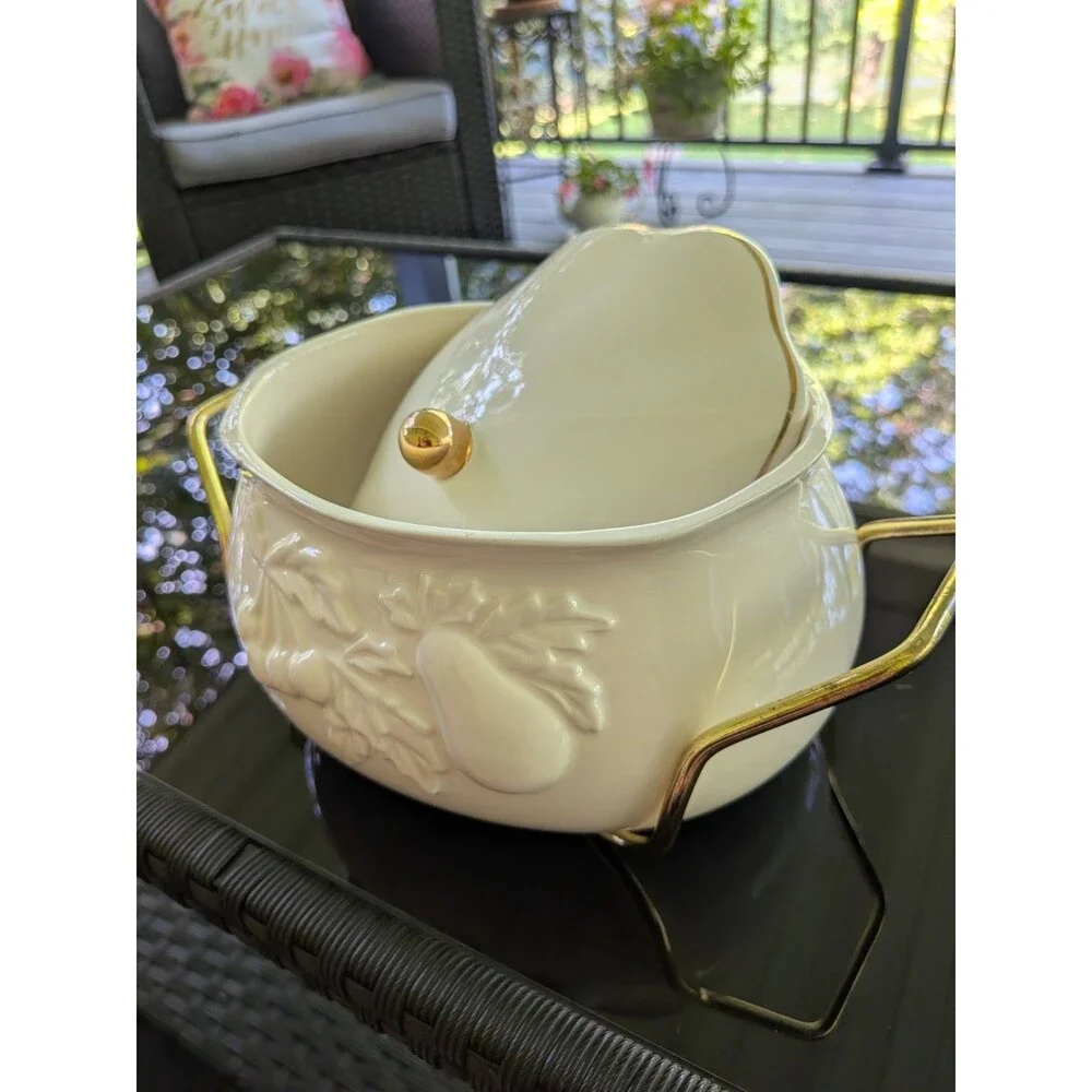 Teleflora Soup Tureen Serving Bowl Lidded Metal Rack Gold Accents Fruit Designs
